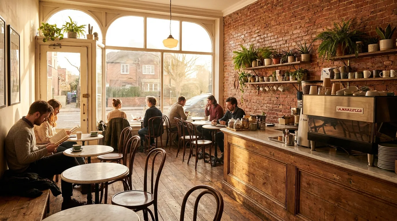 Cozy cafe interior with brick wall and marble tables in Dormont