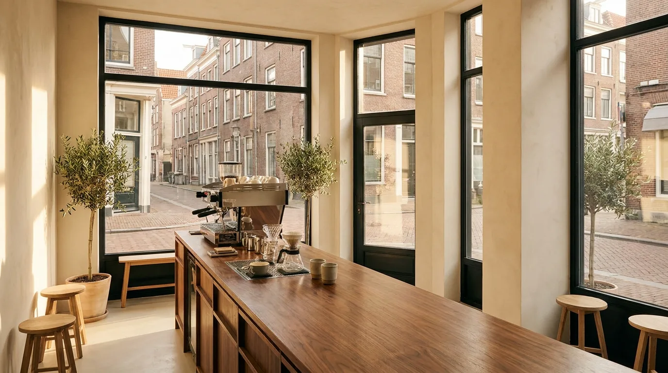 Sunlit espresso bar interior with long wood counter in Lawrenceville