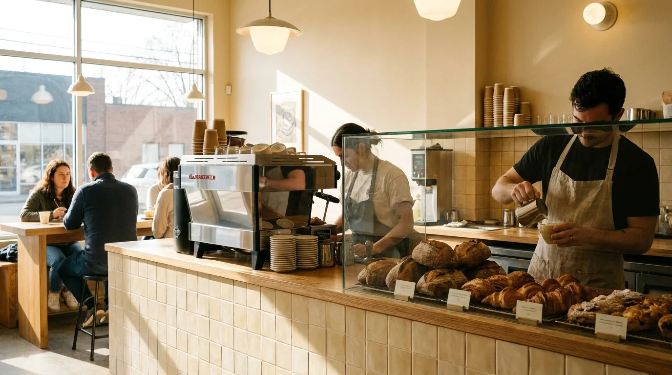 Espresso counter beside a bakery pastry case in Squirrel Hill