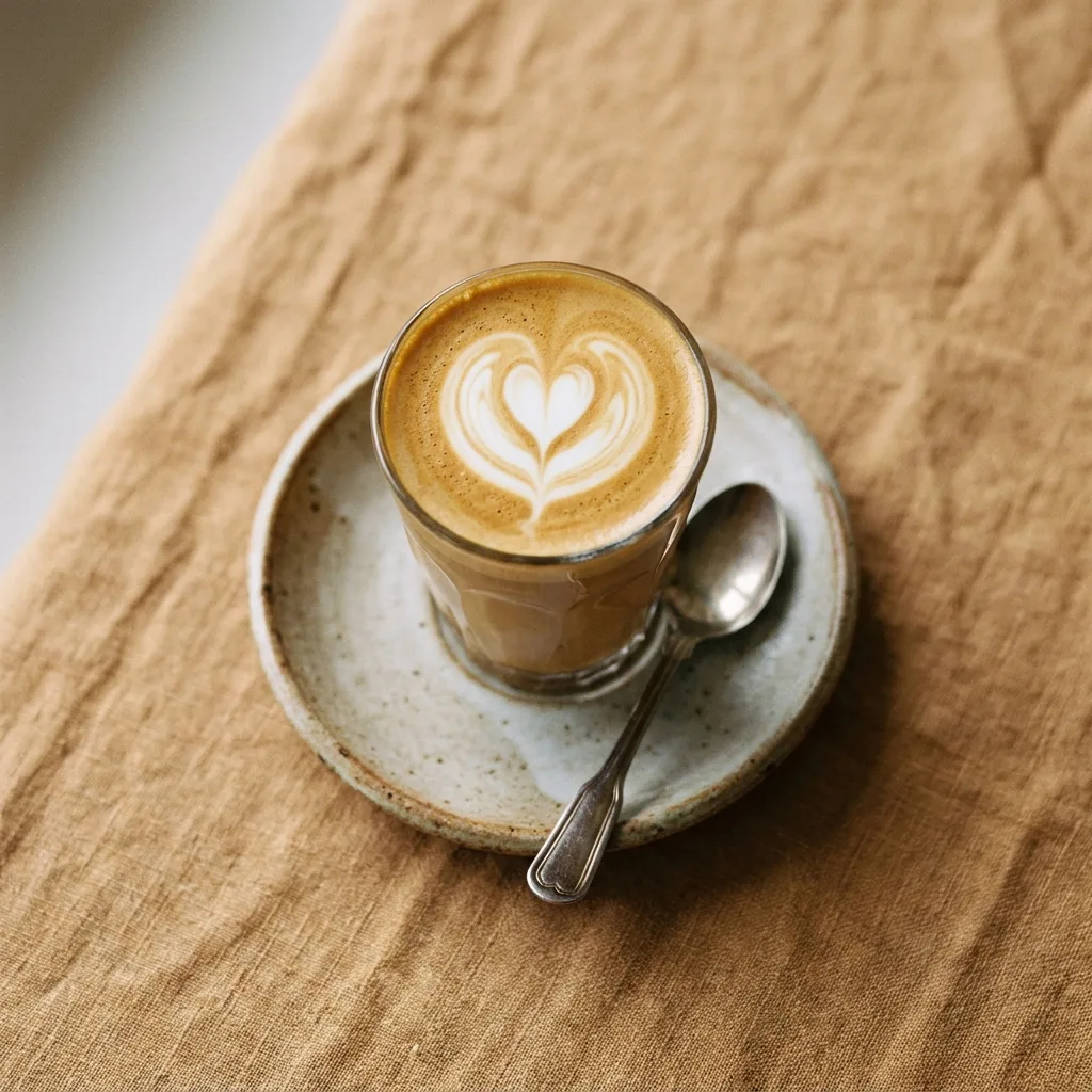 Cortado with a latte art heart on a ceramic saucer