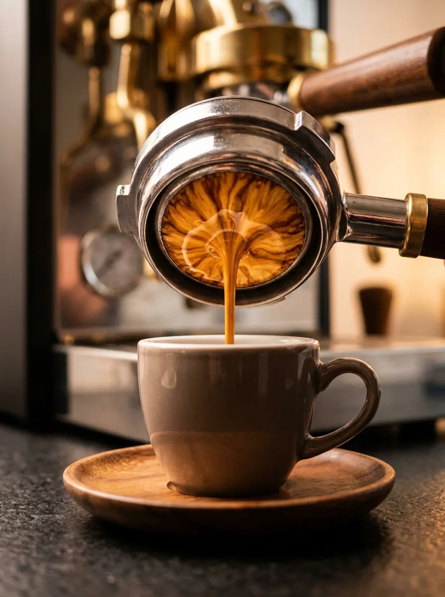 Espresso extracting from a bottomless portafilter with tiger-striped crema