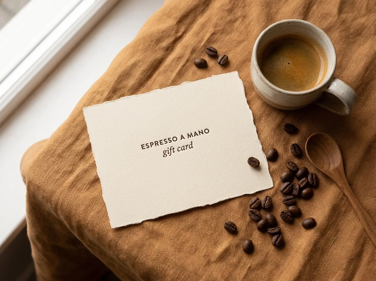 Espresso a Mano gift card on warm linen beside a ceramic espresso cup