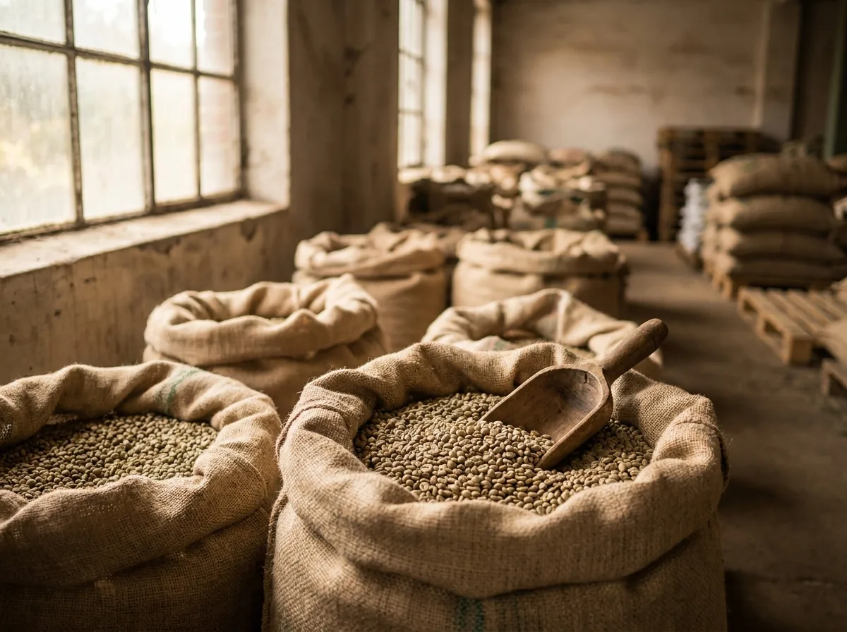 Burlap sacks of green unroasted coffee beans with a scoop