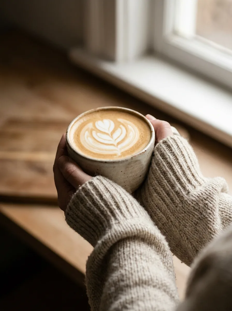 Hands cradling a warm cappuccino with tulip latte art