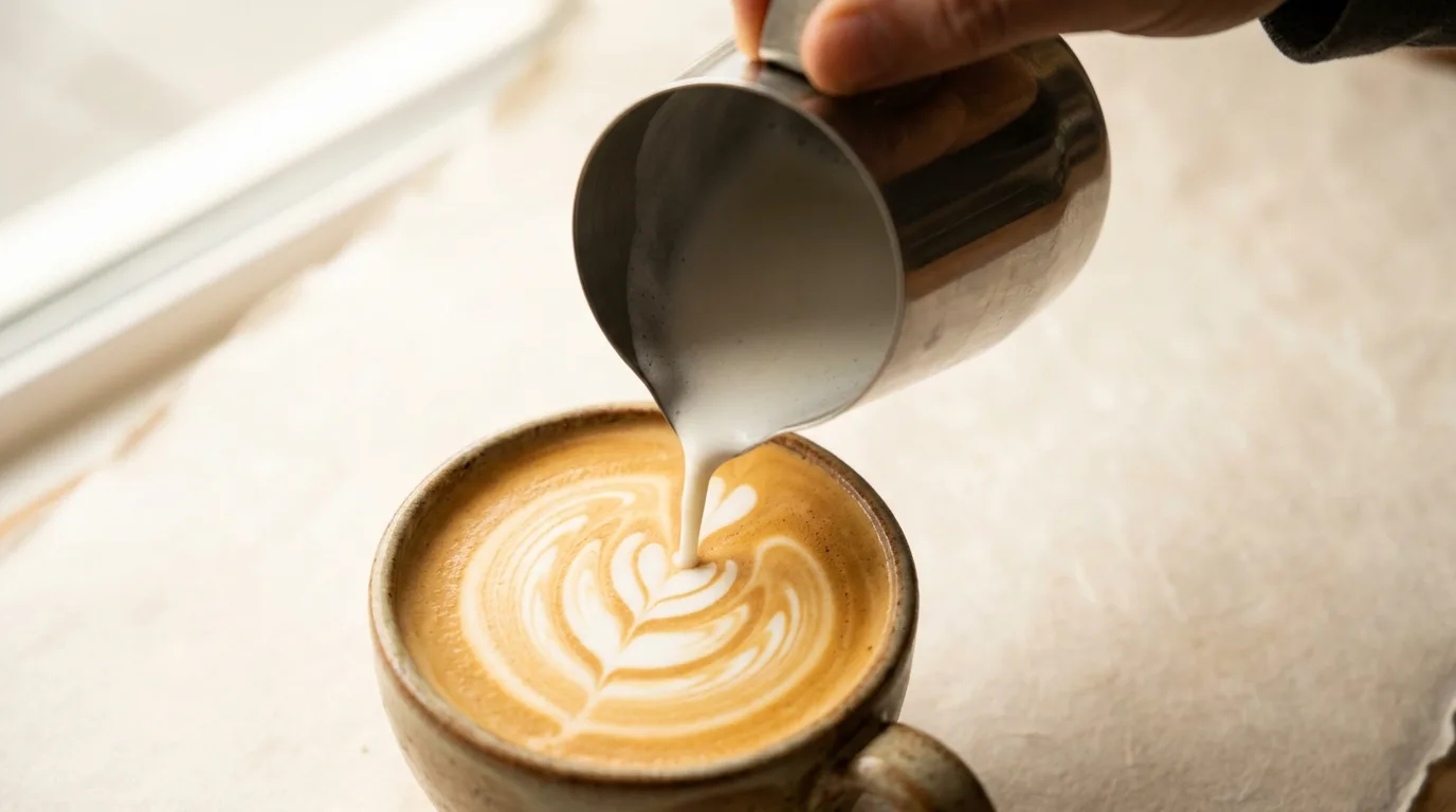 Latte art rosetta being poured by hand into a ceramic cup