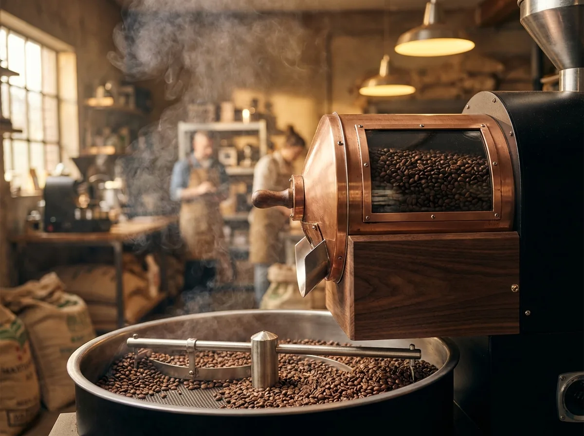 Freshly roasted beans tumbling from a small-batch roaster