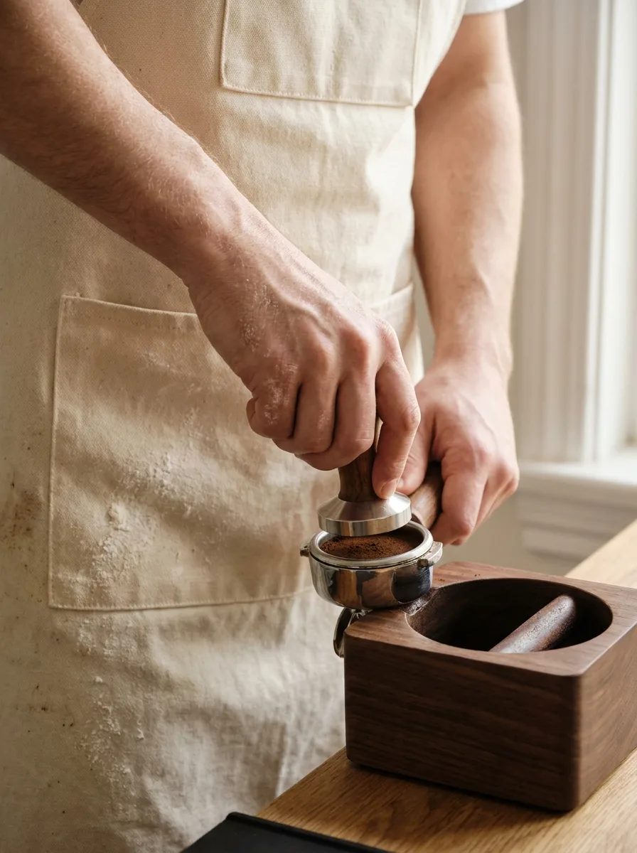 Barista hands tamping ground espresso in a portafilter